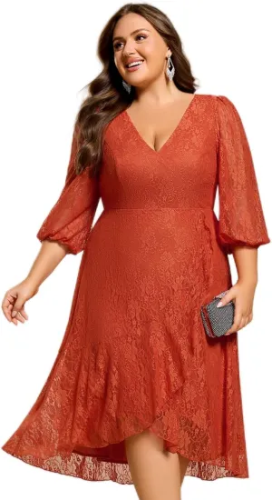 Ever-Pretty Women's V Neck Lace Fall Winter Formal Dresses Plus Size Midi Wedding Guest Dresses with Lantern Sleeves 02238-DA