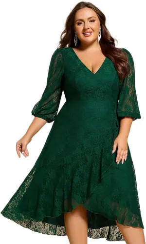 Ever-Pretty Women's V Neck Lace Fall Winter Formal Dresses Plus Size Midi Wedding Guest Dresses with Lantern Sleeves 02238-DA