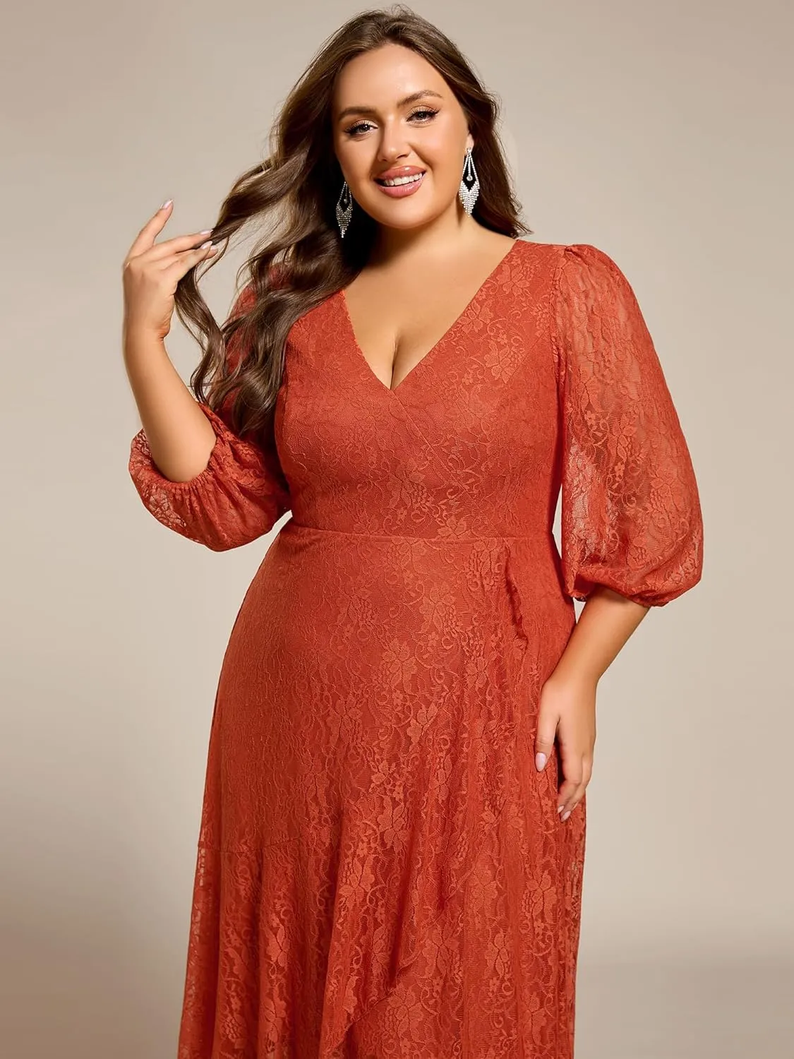 Ever-Pretty Women's V Neck Lace Fall Winter Formal Dresses Plus Size Midi Wedding Guest Dresses with Lantern Sleeves 02238-DA