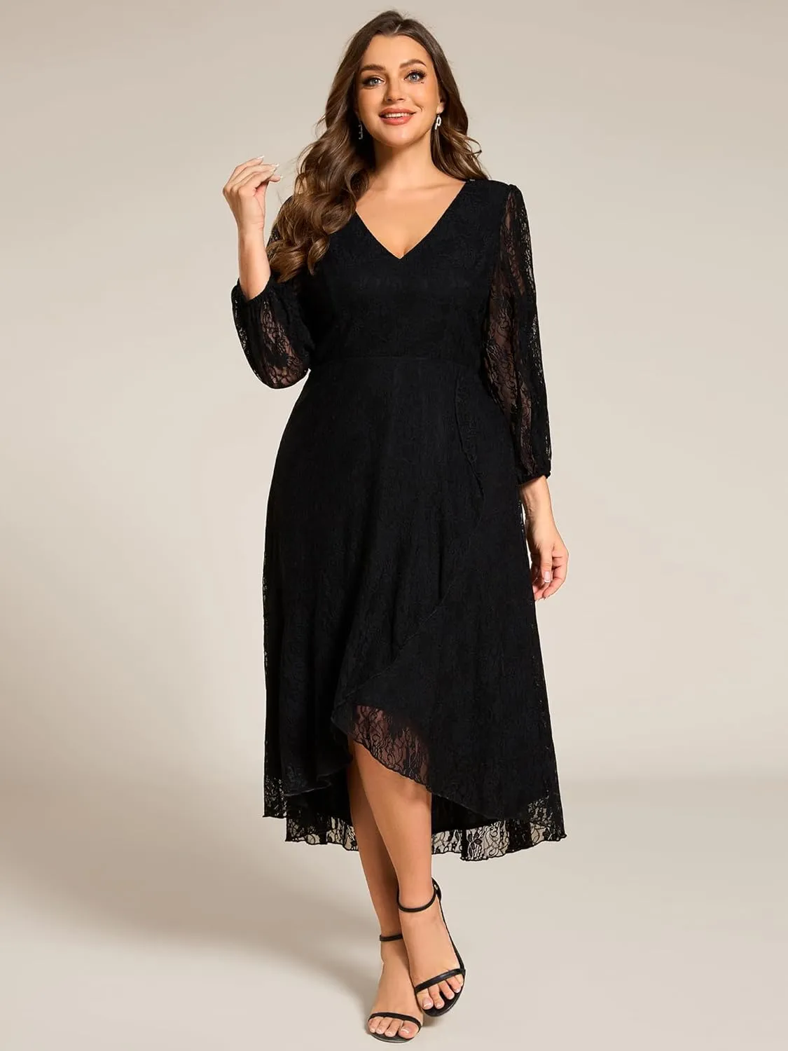 Ever-Pretty Women's V Neck Lace Fall Winter Formal Dresses Plus Size Midi Wedding Guest Dresses with Lantern Sleeves 02238-DA