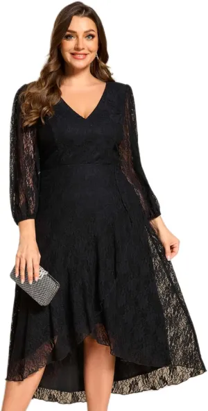 Ever-Pretty Women's V Neck Lace Fall Winter Formal Dresses Plus Size Midi Wedding Guest Dresses with Lantern Sleeves 02238-DA