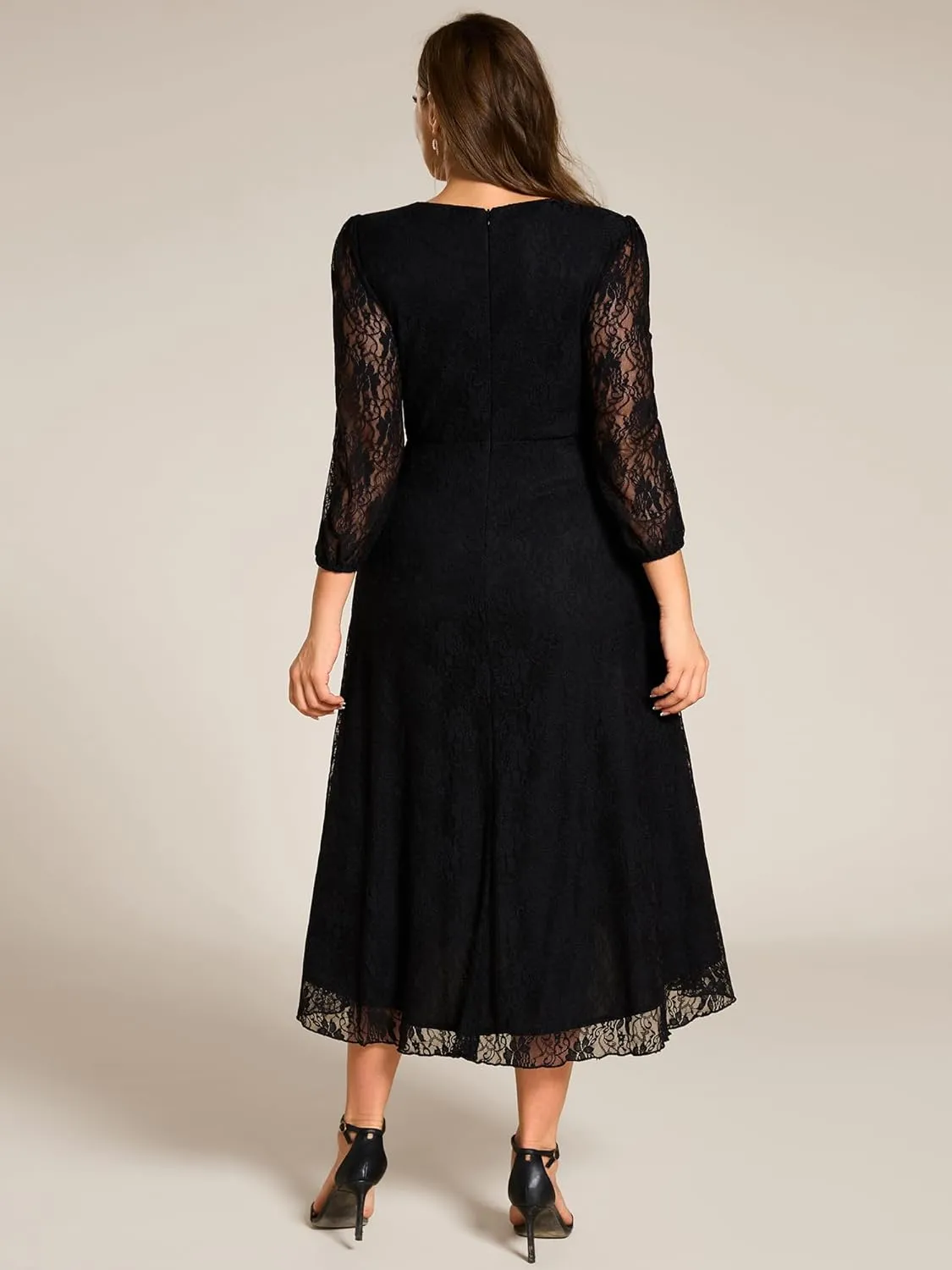 Ever-Pretty Women's V Neck Lace Fall Winter Formal Dresses Plus Size Midi Wedding Guest Dresses with Lantern Sleeves 02238-DA