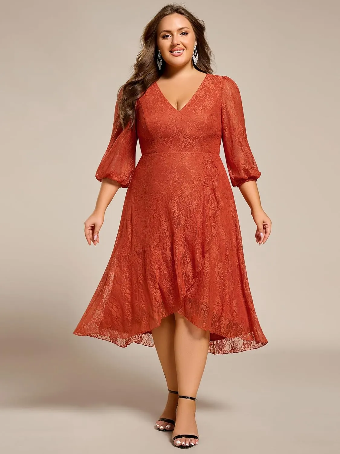 Ever-Pretty Women's V Neck Lace Fall Winter Formal Dresses Plus Size Midi Wedding Guest Dresses with Lantern Sleeves 02238-DA