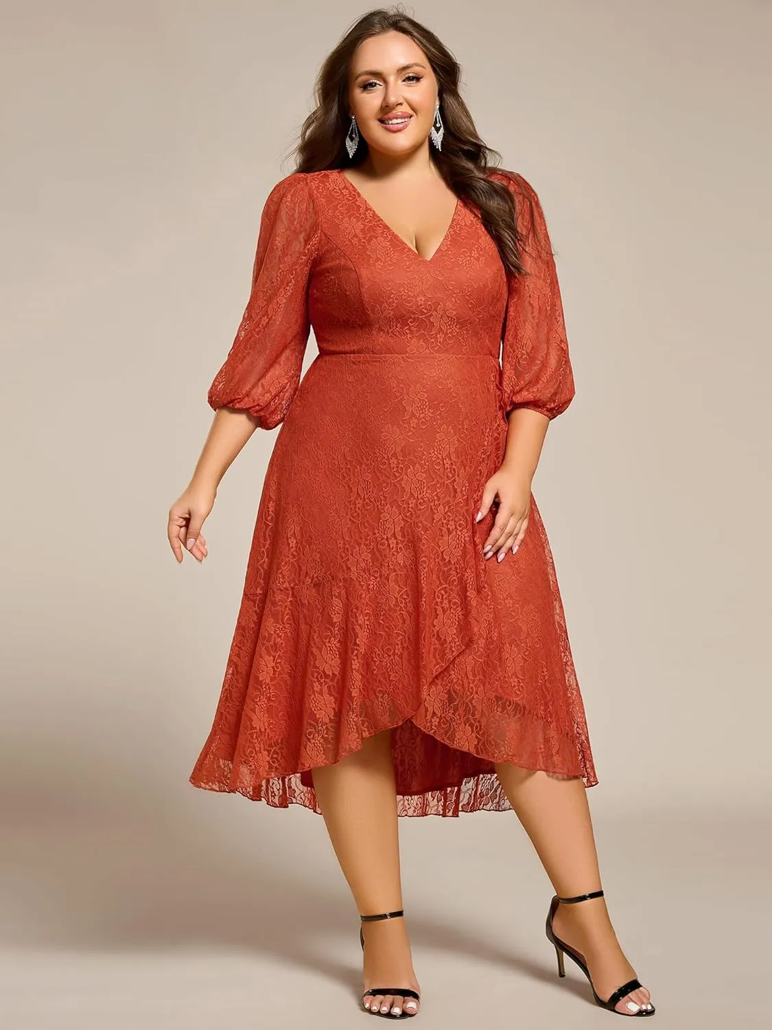 Ever-Pretty Women's V Neck Lace Fall Winter Formal Dresses Plus Size Midi Wedding Guest Dresses with Lantern Sleeves 02238-DA