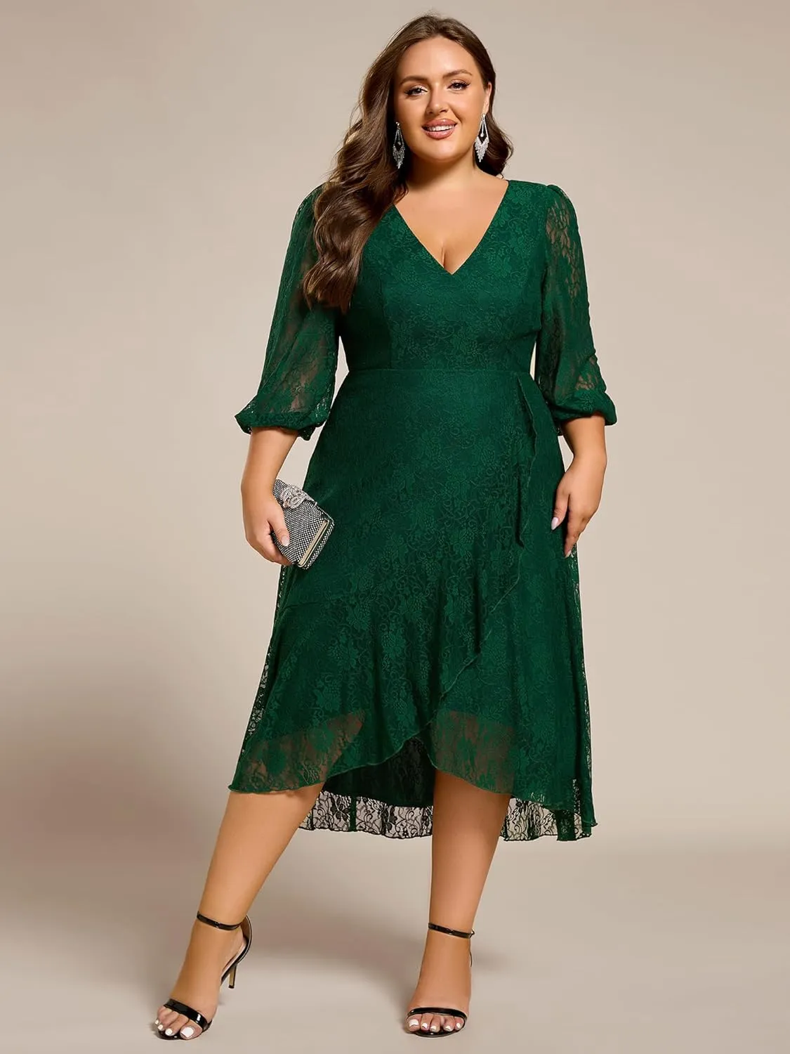 Ever-Pretty Women's V Neck Lace Fall Winter Formal Dresses Plus Size Midi Wedding Guest Dresses with Lantern Sleeves 02238-DA