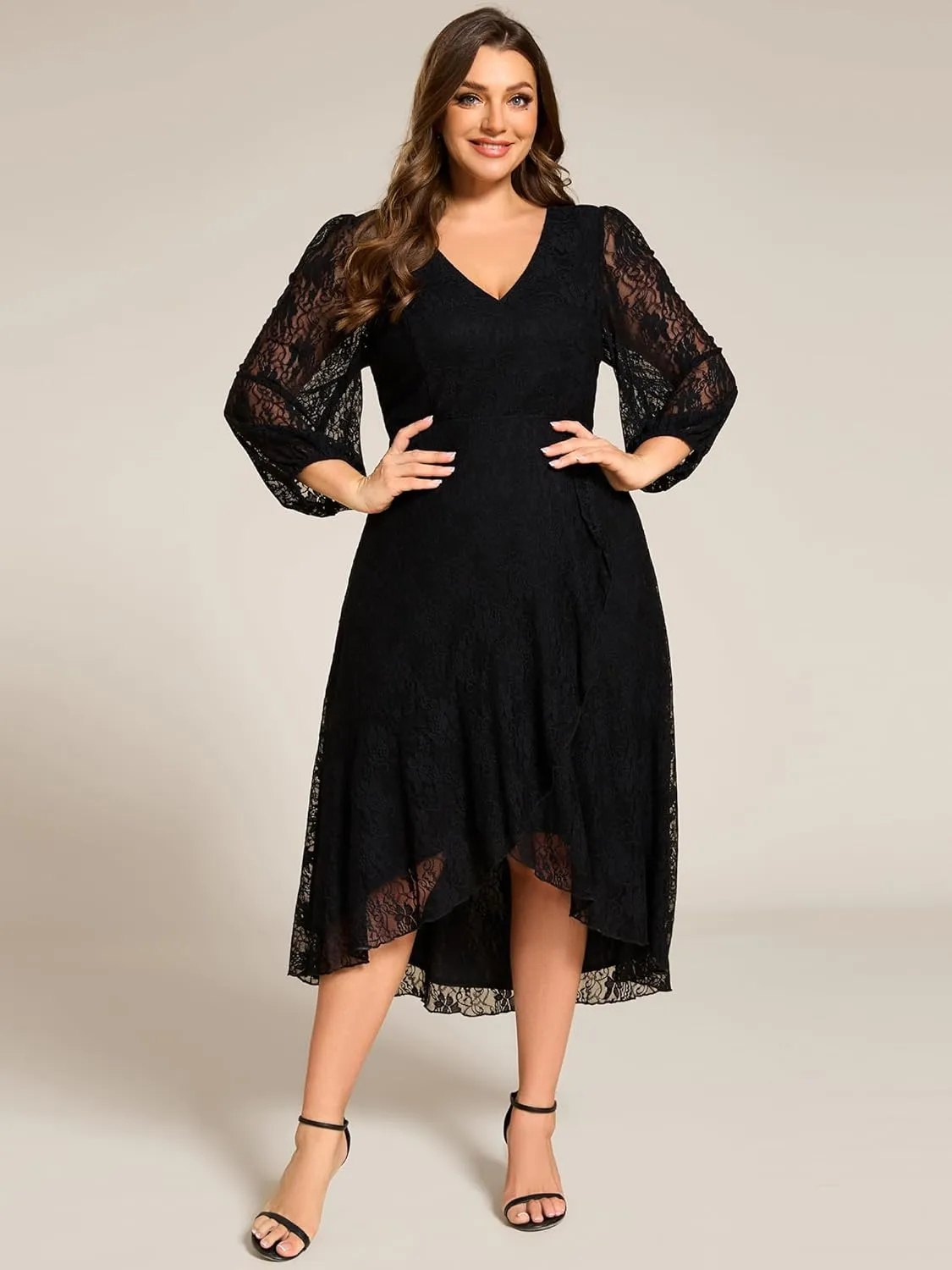 Ever-Pretty Women's V Neck Lace Fall Winter Formal Dresses Plus Size Midi Wedding Guest Dresses with Lantern Sleeves 02238-DA