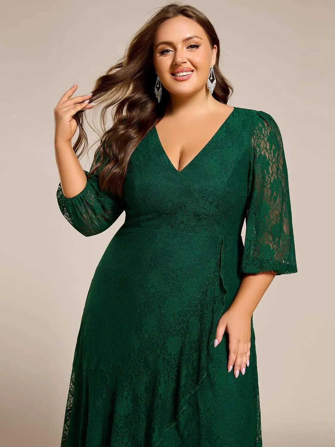 Ever-Pretty Women's V Neck Lace Fall Winter Formal Dresses Plus Size Midi Wedding Guest Dresses with Lantern Sleeves 02238-DA