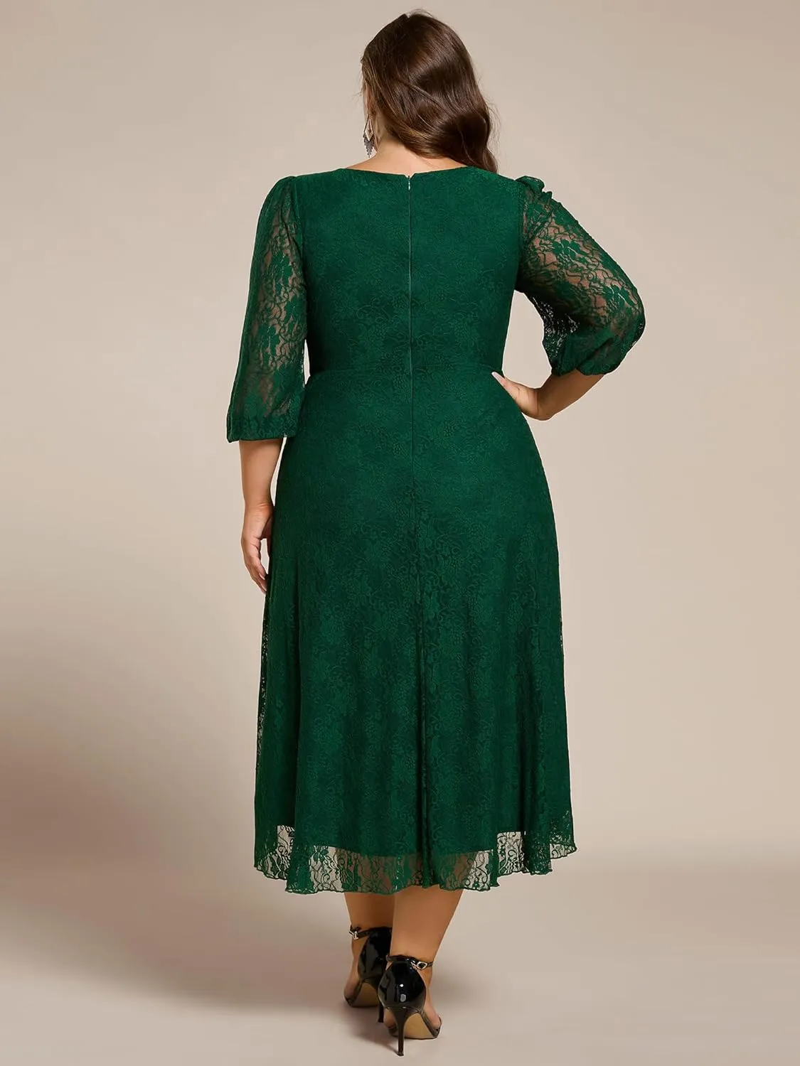 Ever-Pretty Women's V Neck Lace Fall Winter Formal Dresses Plus Size Midi Wedding Guest Dresses with Lantern Sleeves 02238-DA