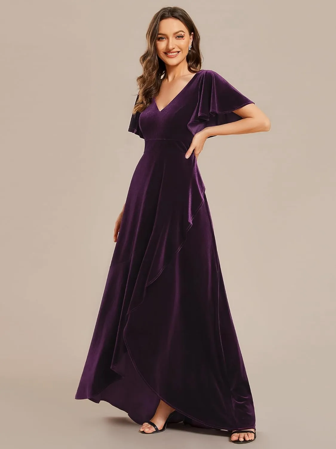 Ever-Pretty Women's Velvet Ruffle Sleeve V-Neck Wrap Waist Maxi Dress High Low Wedding Guest Dresses 02041