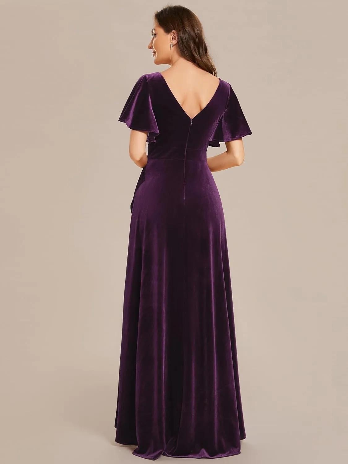 Ever-Pretty Women's Velvet Ruffle Sleeve V-Neck Wrap Waist Maxi Dress High Low Wedding Guest Dresses 02041
