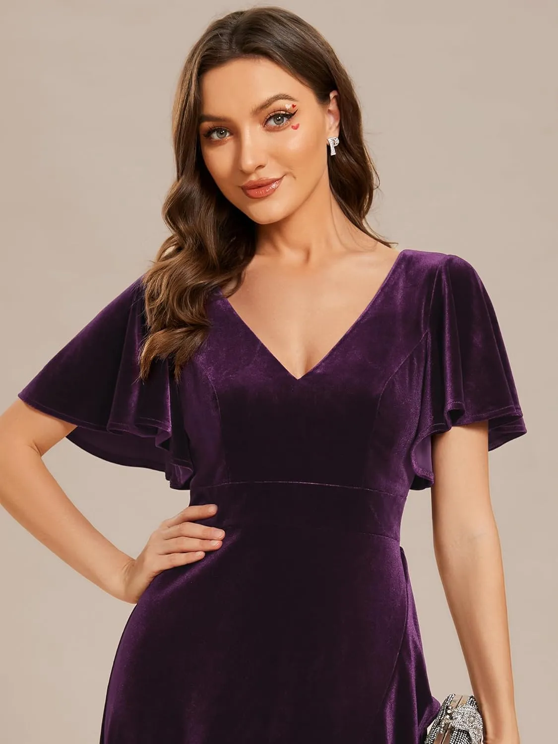 Ever-Pretty Women's Velvet Ruffle Sleeve V-Neck Wrap Waist Maxi Dress High Low Wedding Guest Dresses 02041