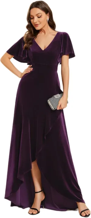 Ever-Pretty Women's Velvet Ruffle Sleeve V-Neck Wrap Waist Maxi Dress High Low Wedding Guest Dresses 02041
