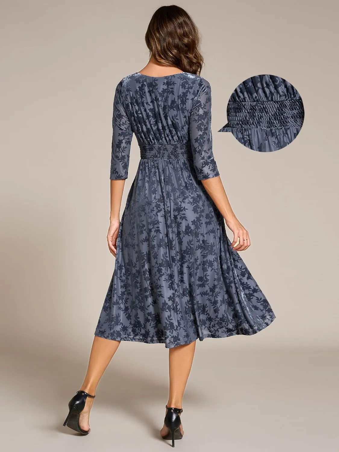 Ever-Pretty Women's Velvet V-Neck Elastic Waist A Line Long Sleeves Floral Print Formal Dresses with Pocket 02284