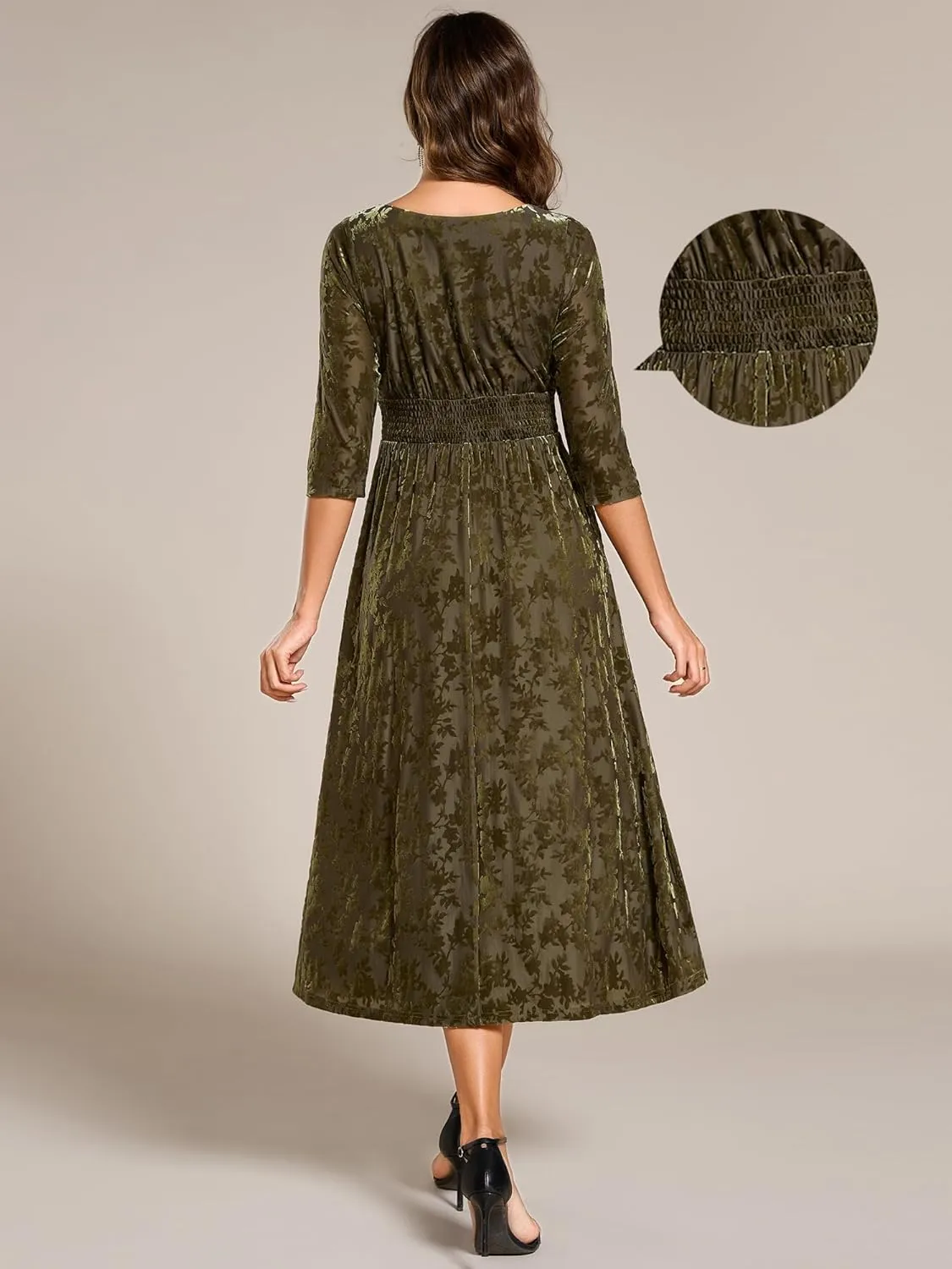 Ever-Pretty Women's Velvet V-Neck Elastic Waist A Line Long Sleeves Floral Print Formal Dresses with Pocket 02284