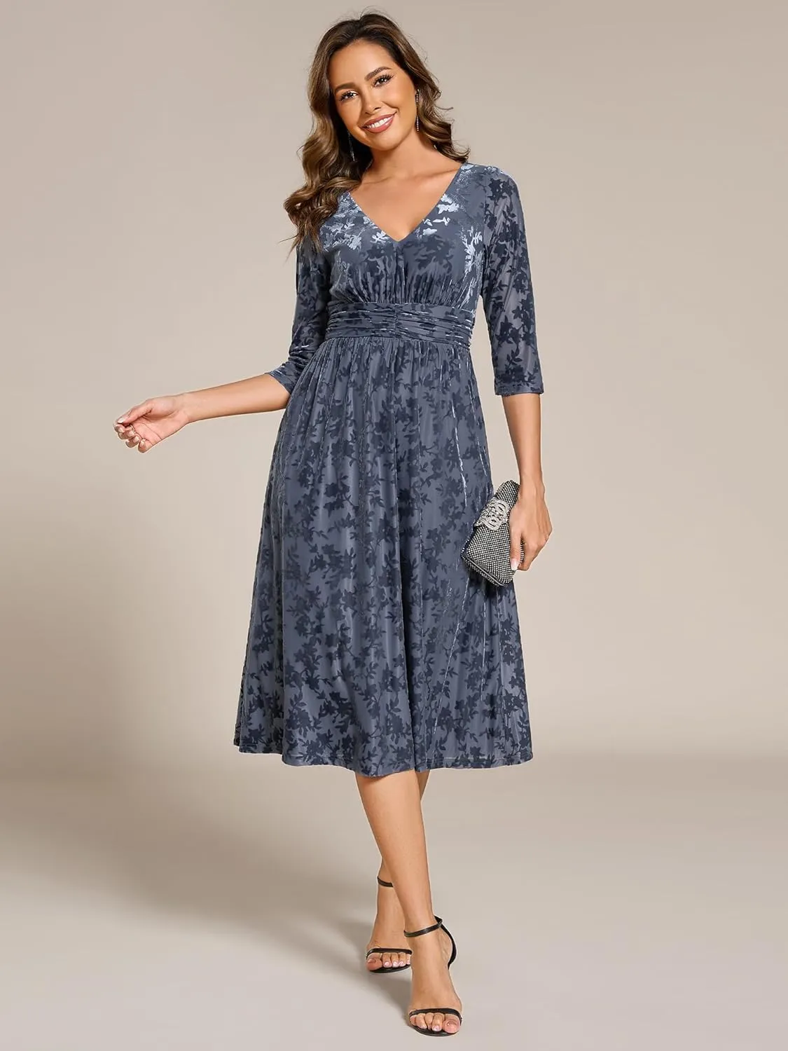 Ever-Pretty Women's Velvet V-Neck Elastic Waist A Line Long Sleeves Floral Print Formal Dresses with Pocket 02284