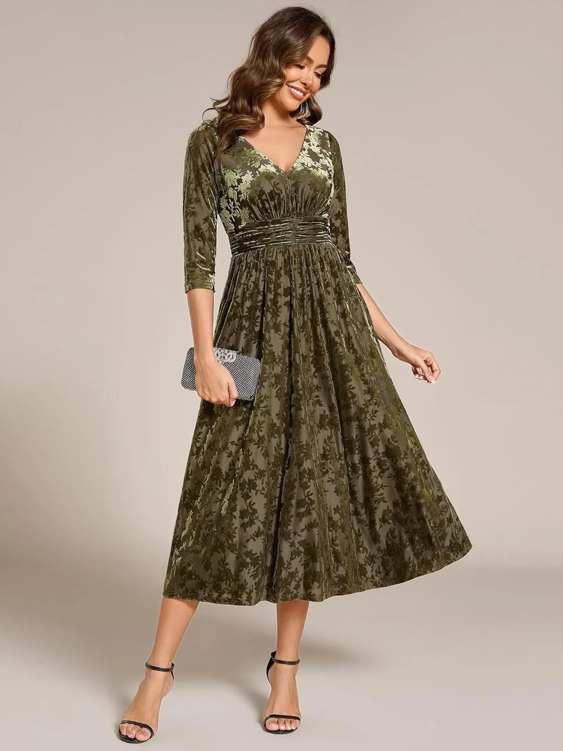 Ever-Pretty Women's Velvet V-Neck Elastic Waist A Line Long Sleeves Floral Print Formal Dresses with Pocket 02284