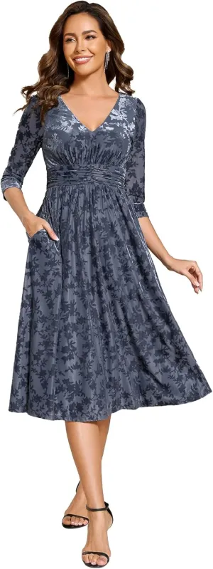 Ever-Pretty Women's Velvet V-Neck Elastic Waist A Line Long Sleeves Floral Print Formal Dresses with Pocket 02284