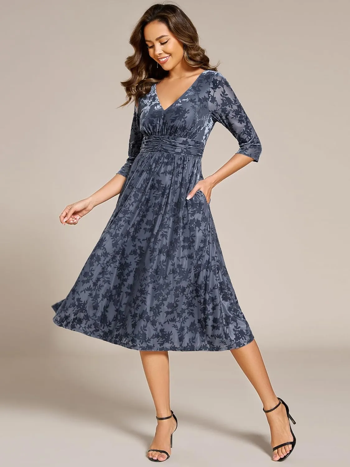 Ever-Pretty Women's Velvet V-Neck Elastic Waist A Line Long Sleeves Floral Print Formal Dresses with Pocket 02284