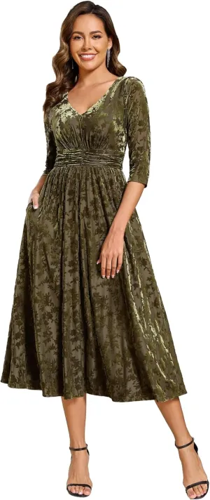 Ever-Pretty Women's Velvet V-Neck Elastic Waist A Line Long Sleeves Floral Print Formal Dresses with Pocket 02284