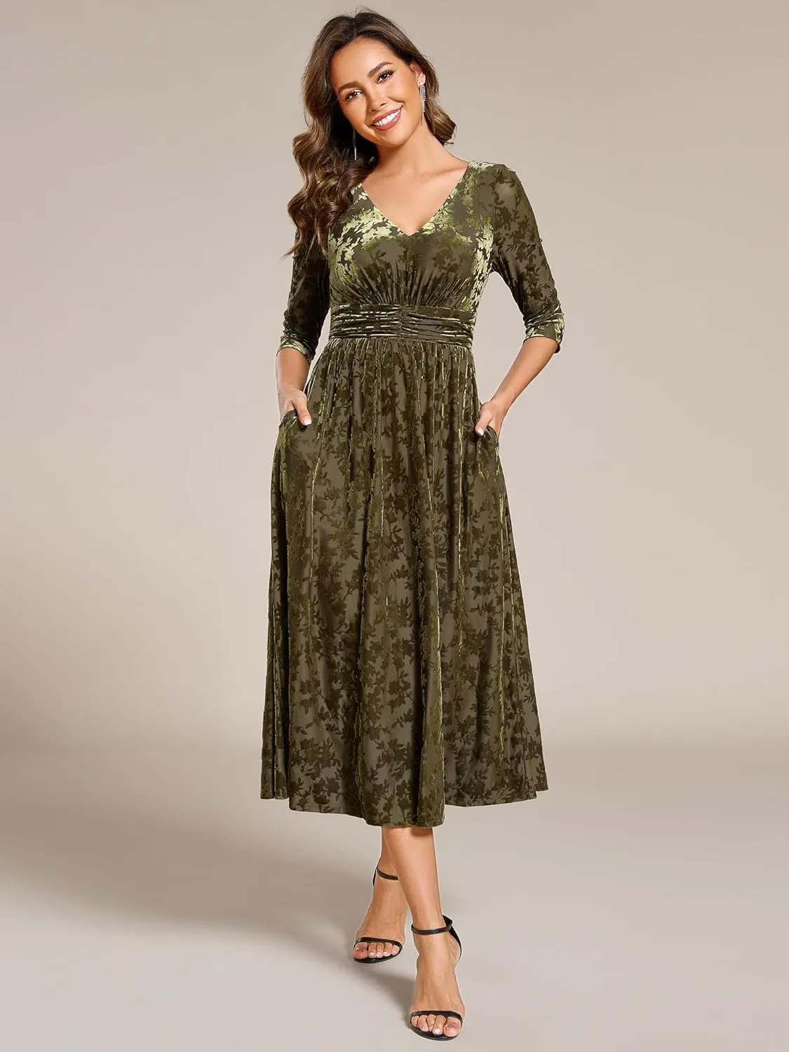 Ever-Pretty Women's Velvet V-Neck Elastic Waist A Line Long Sleeves Floral Print Formal Dresses with Pocket 02284