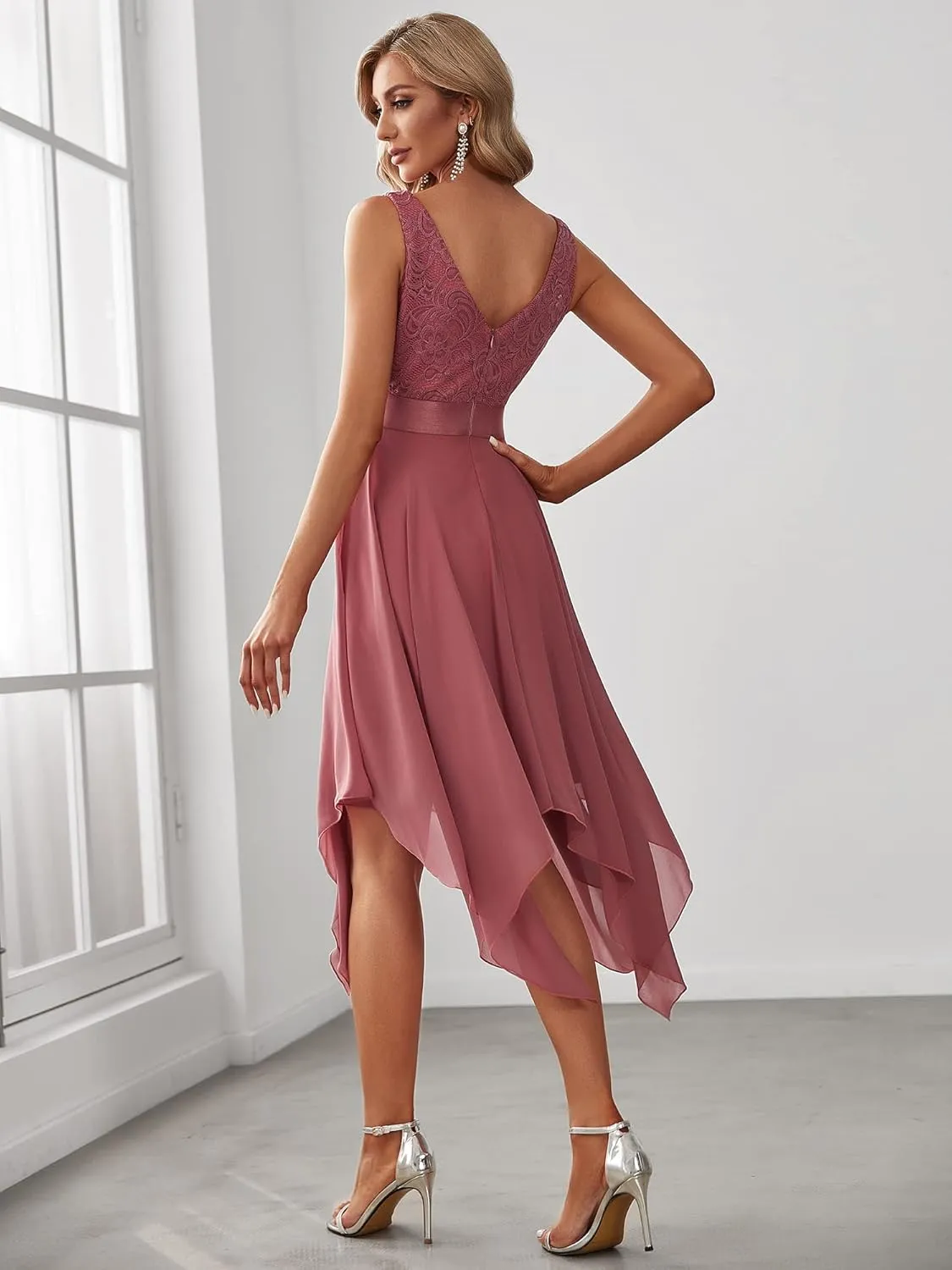 Ever-Pretty Women's Vintage V Neck Irregular Hem Lace A Line Chiffon Cocktail Dresses 00207