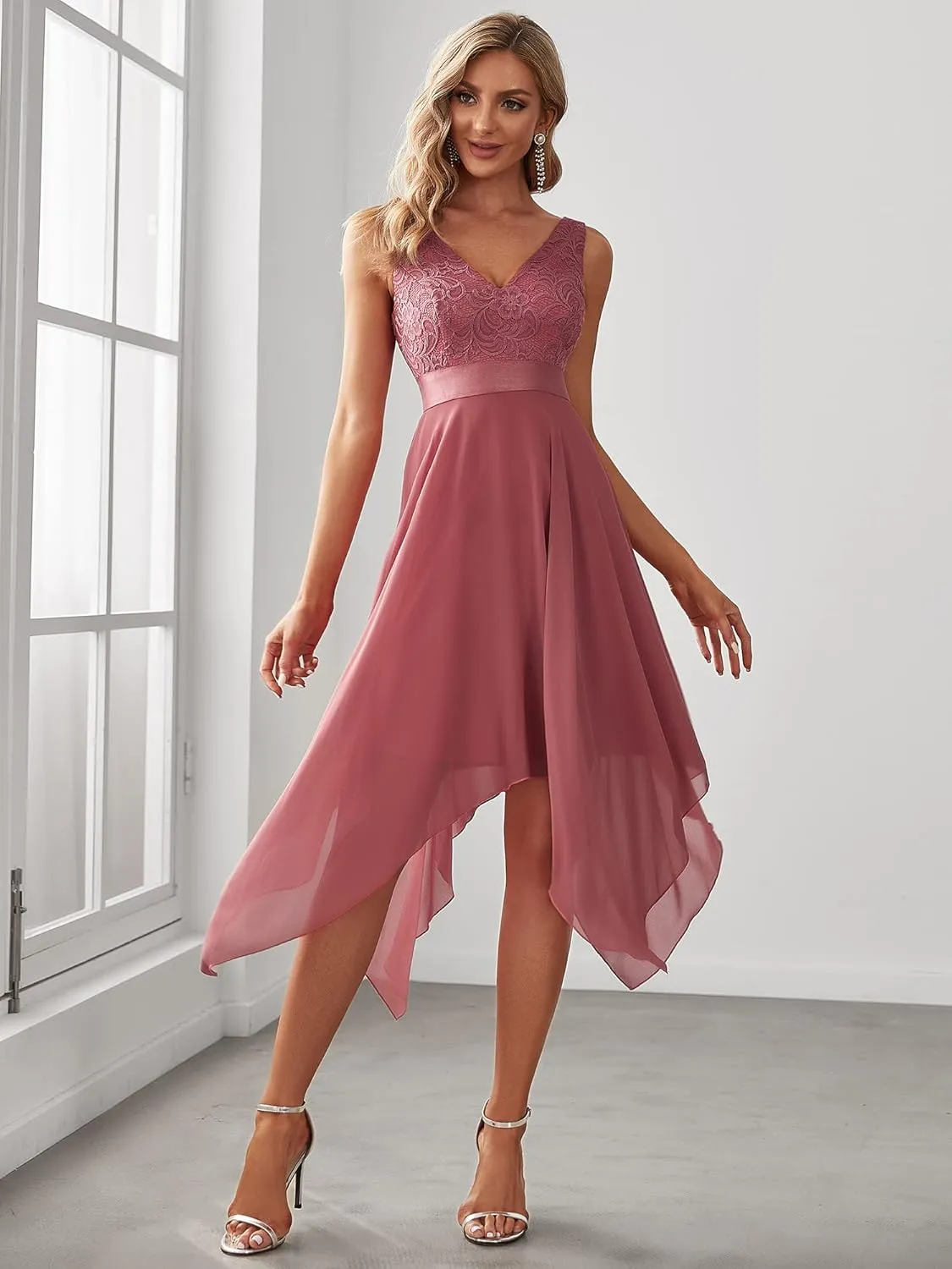 Ever-Pretty Women's Vintage V Neck Irregular Hem Lace A Line Chiffon Cocktail Dresses 00207