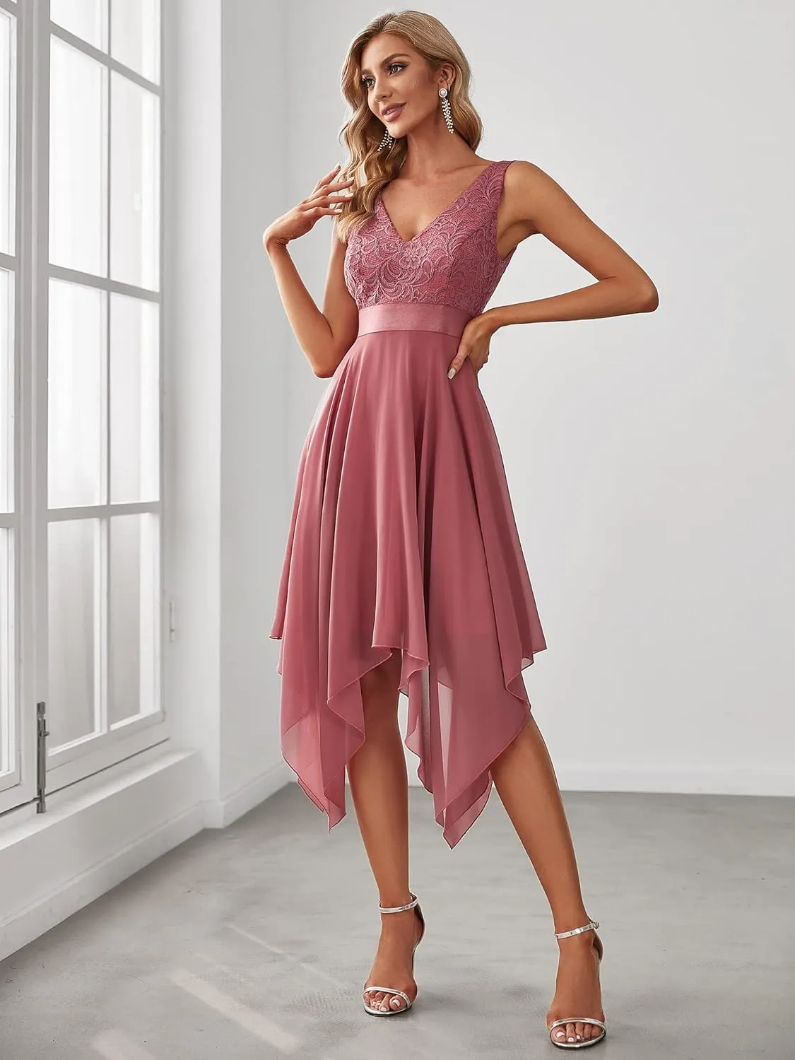Ever-Pretty Women's Vintage V Neck Irregular Hem Lace A Line Chiffon Cocktail Dresses 00207