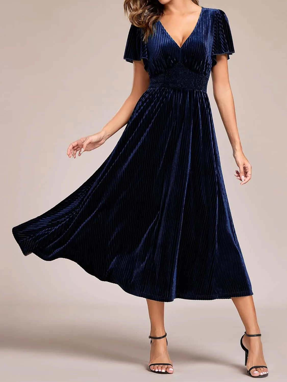 Ever-Pretty Women's Vintage Velvet Wedding Guest Dresses Elastic Waist A Line Short Sleeves Formal Dress