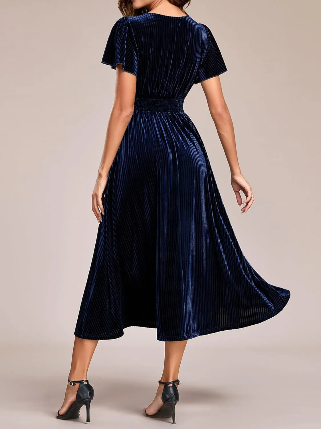 Ever-Pretty Women's Vintage Velvet Wedding Guest Dresses Elastic Waist A Line Short Sleeves Formal Dress