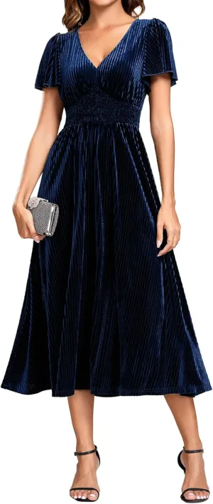 Ever-Pretty Women's Vintage Velvet Wedding Guest Dresses Elastic Waist A Line Short Sleeves Formal Dress