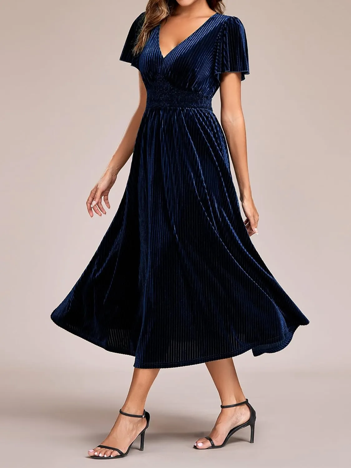 Ever-Pretty Women's Vintage Velvet Wedding Guest Dresses Elastic Waist A Line Short Sleeves Formal Dress