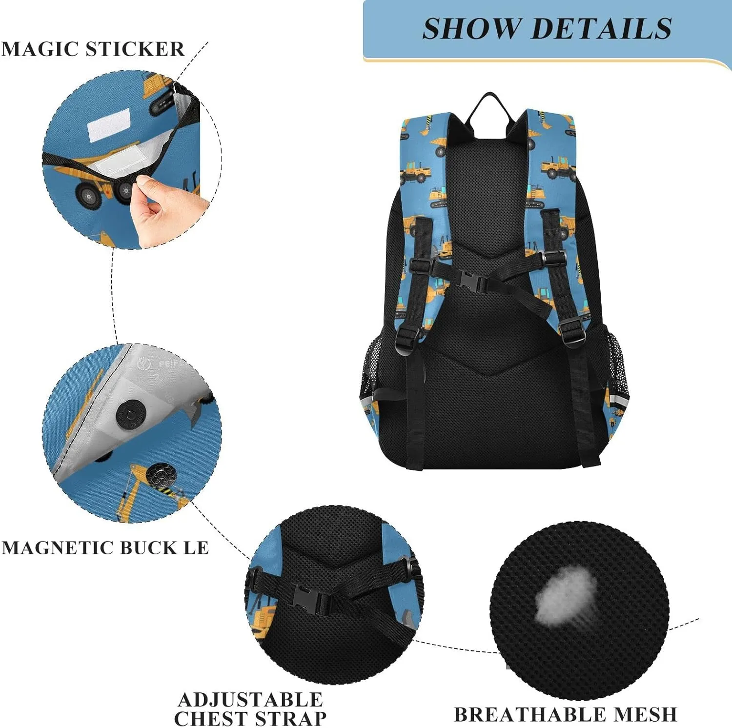 Excavator Concrete Mixer Backpack for Student; School Backpacks Travel Laptop Bags Bookbags for Suitable for ages 6-12 Student