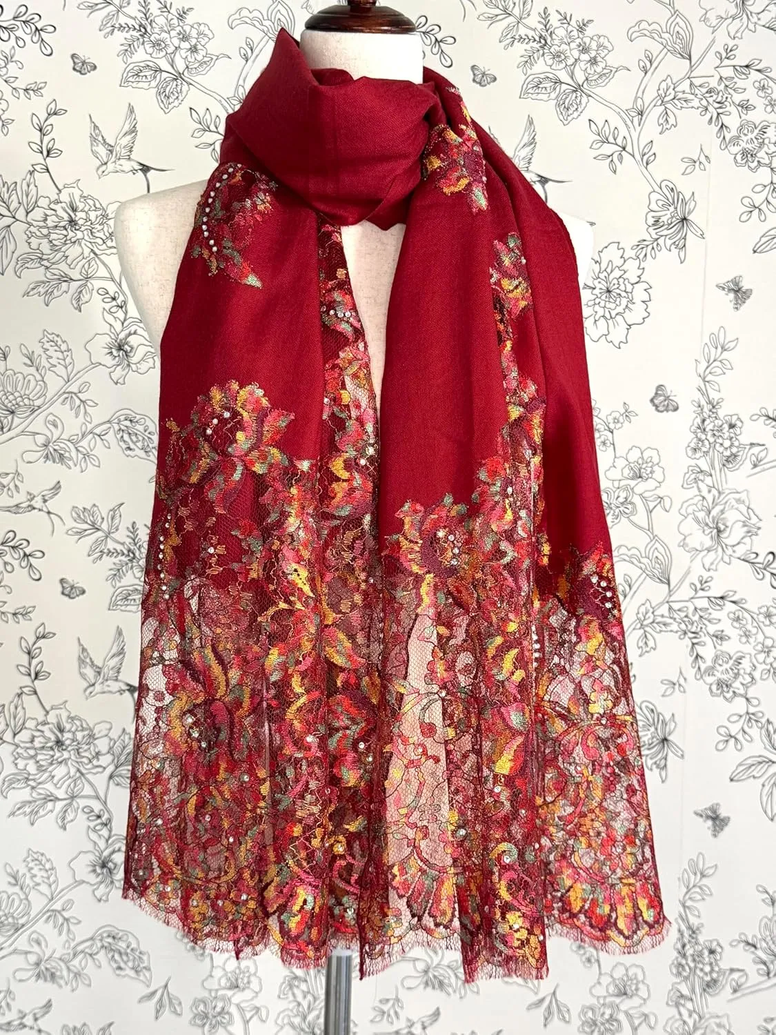 Exclusive Hand Made Ladakh Pashmina with France Calais Lace Shawl and for Evening Dress Scarf for Wedding Costume Party