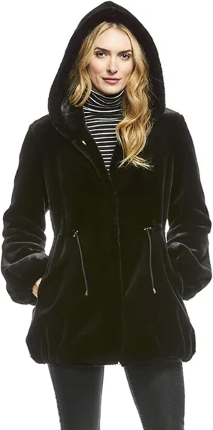 Fabulous-Furs Donna Salyers Black Sheared Beaver Hooded Faux Fur Anorak Coat, Black, Small