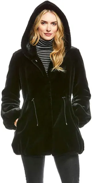 Fabulous-Furs Donna Salyers Black Sheared Beaver Hooded Faux Fur Anorak Coat, Black, XX-Large