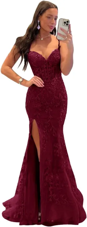 Fanciest Women's Spaghetti Straps Mermaid Prom Dresses 2024 Lace Appliques Long Formal Evening Party Gowns with Slit