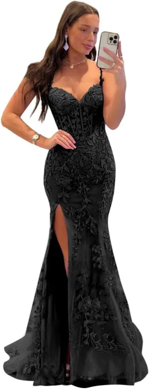 Fanciest Women's Spaghetti Straps Mermaid Prom Dresses 2024 Lace Appliques Long Formal Evening Party Gowns with Slit