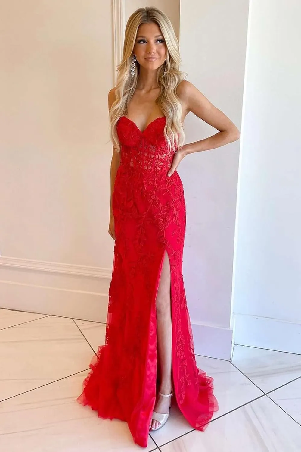 Fanciest Women's Spaghetti Straps Mermaid Prom Dresses 2024 Lace Appliques Long Formal Evening Party Gowns with Slit