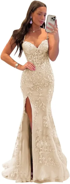 Fanciest Women's Spaghetti Straps Mermaid Prom Dresses 2024 Lace Appliques Long Formal Evening Party Gowns with Slit