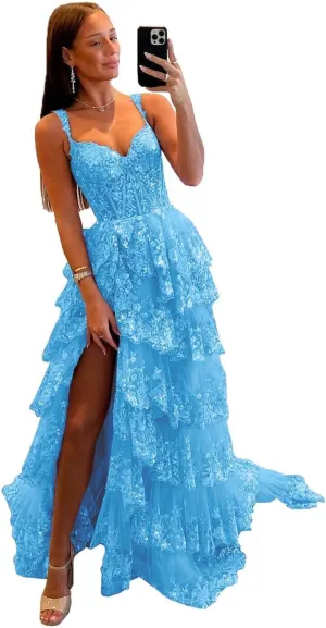 Fanciest Women's Sparkly Off Shoulder Lace Appliques Prom Dresses 2025 Long Slit Formal Dress Ball Gown Tiered Evening Gowns