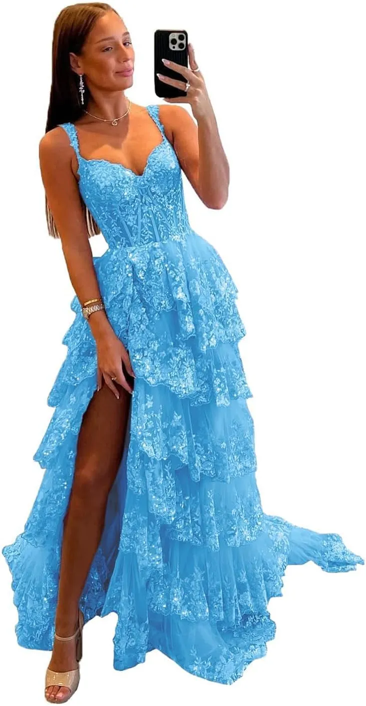 Fanciest Women's Sparkly Off Shoulder Lace Appliques Prom Dresses 2025 Long Slit Formal Dress Ball Gown Tiered Evening Gowns