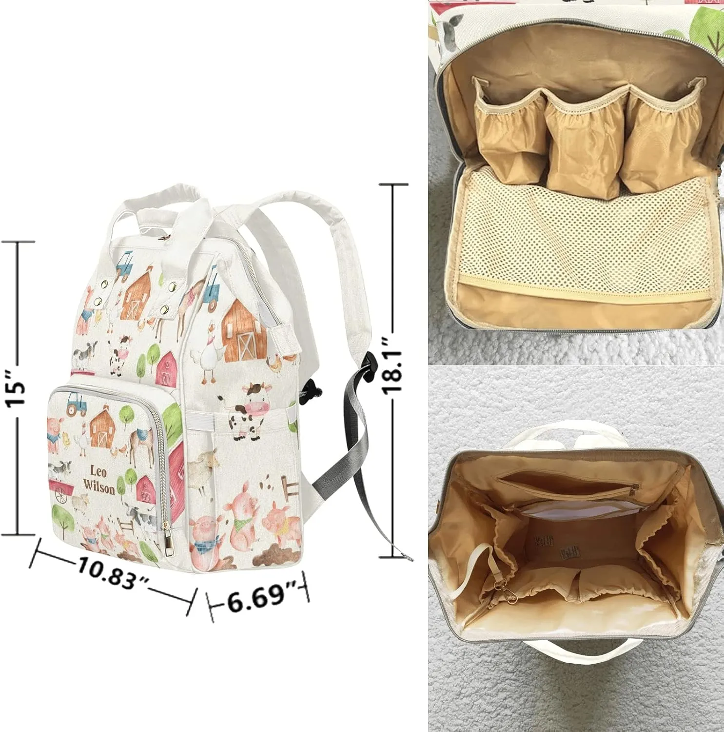 Farm Animals Cow Pig Horse Personalized Name Diaper Bag Backpack,Custom Travel DayPack for Nappy Mommy Bag Gift