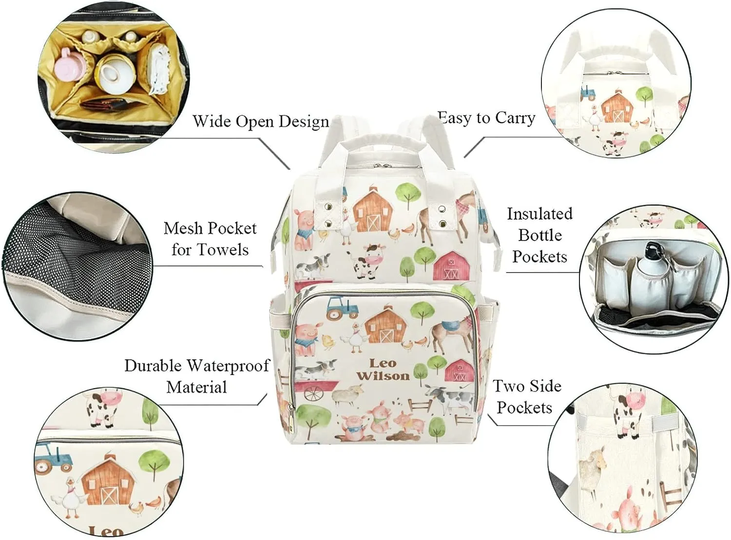 Farm Animals Cow Pig Horse Personalized Name Diaper Bag Backpack,Custom Travel DayPack for Nappy Mommy Bag Gift