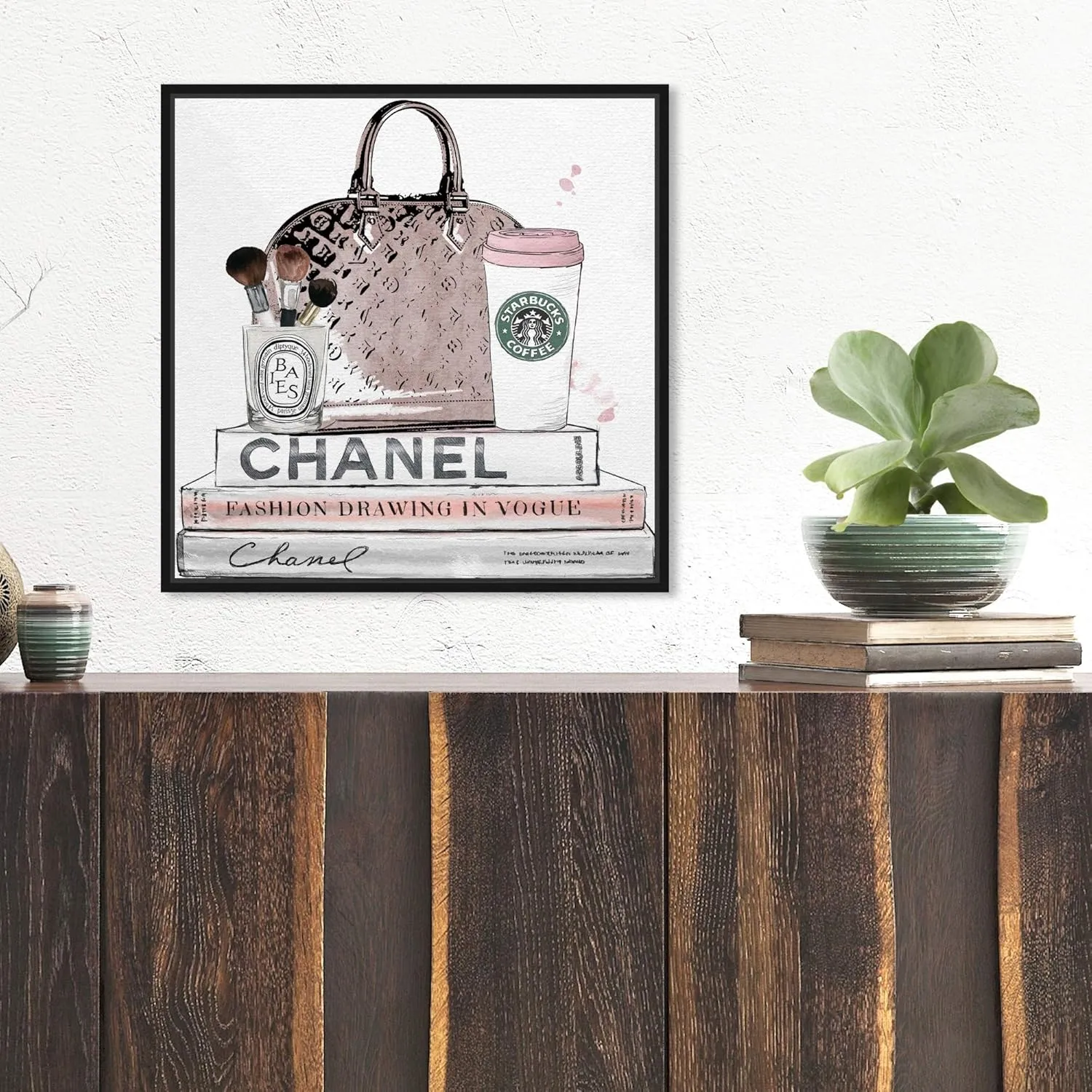 Fashion and Glam Framed Wall Art Canvas Prints 'Blush and Make Up Brush' Handbags