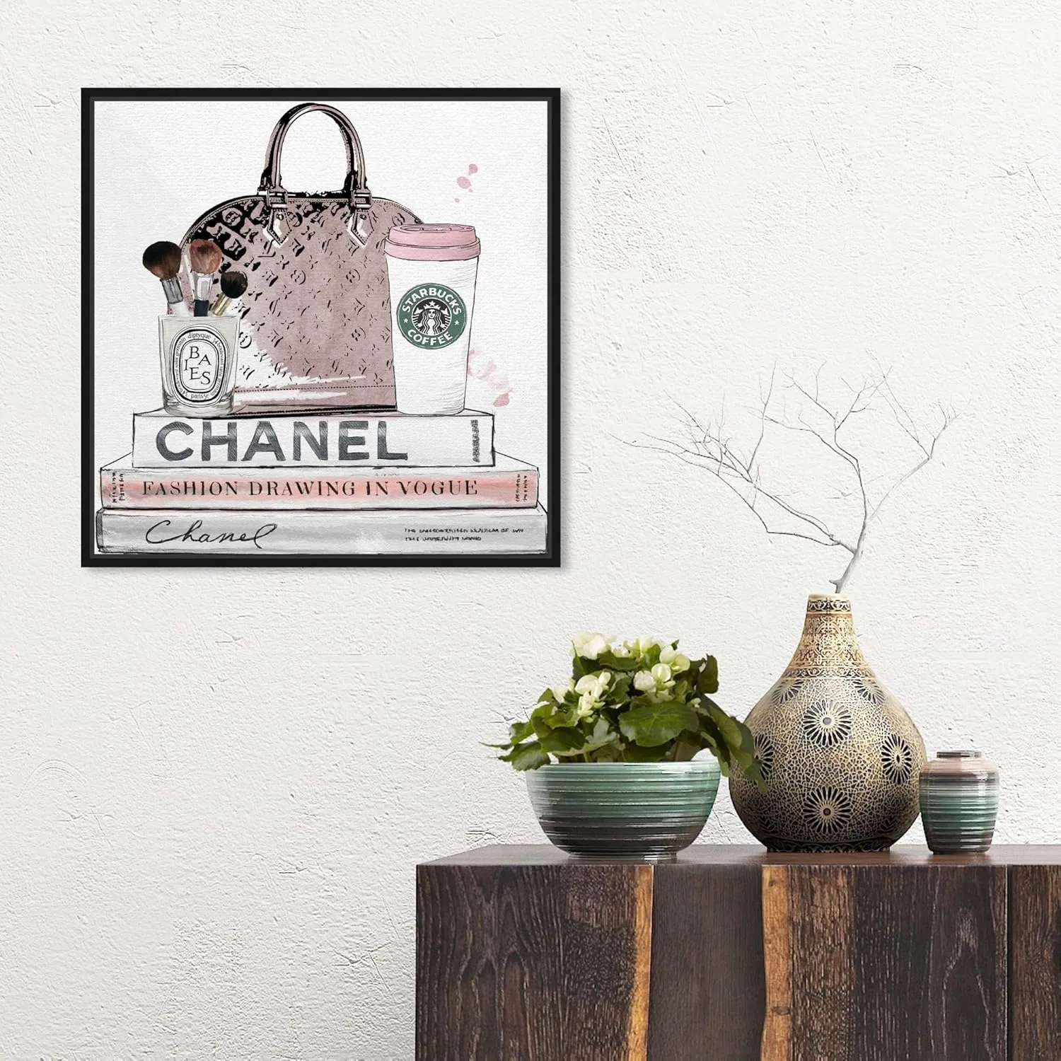 Fashion and Glam Framed Wall Art Canvas Prints 'Blush and Make Up Brush' Handbags