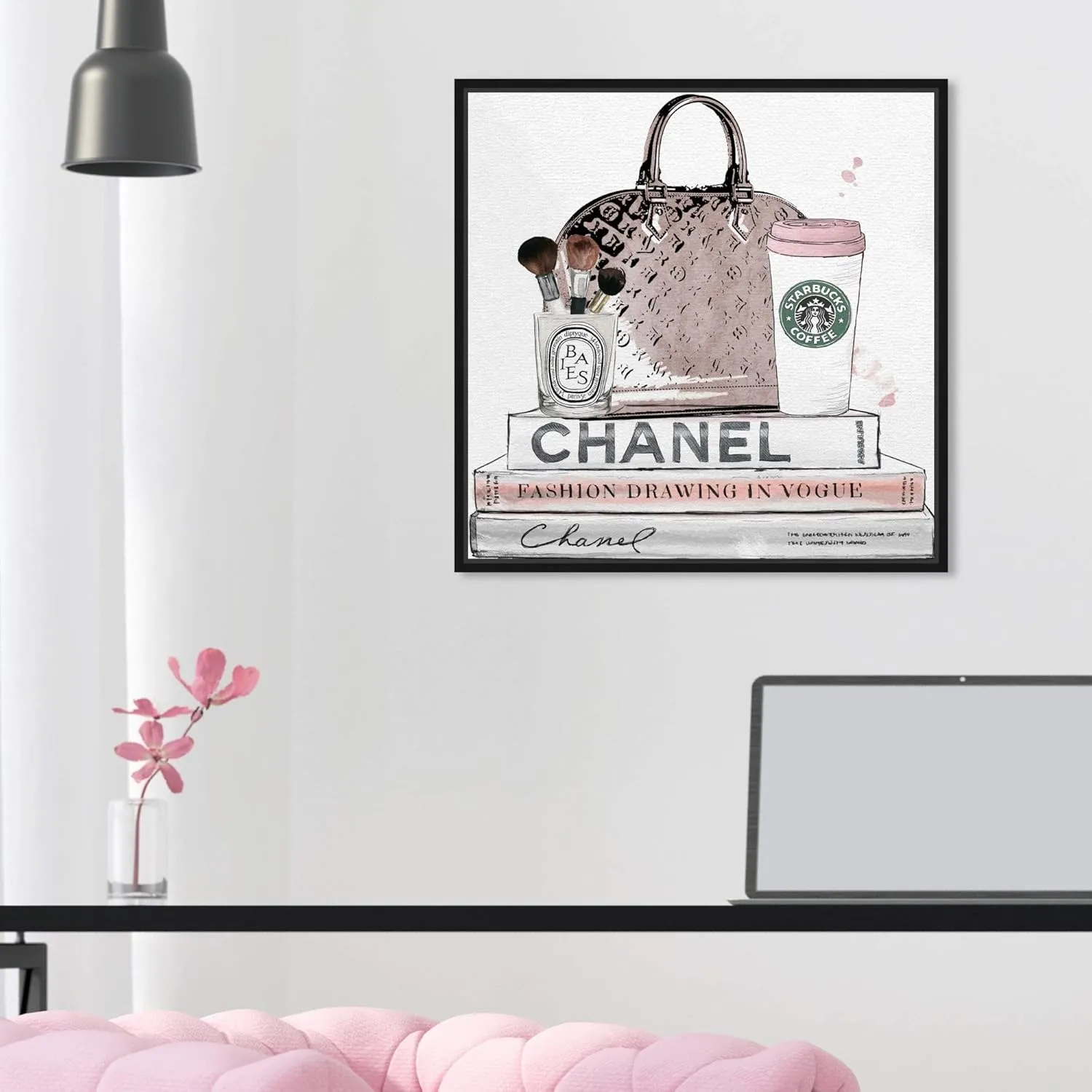 Fashion and Glam Framed Wall Art Canvas Prints 'Blush and Make Up Brush' Handbags