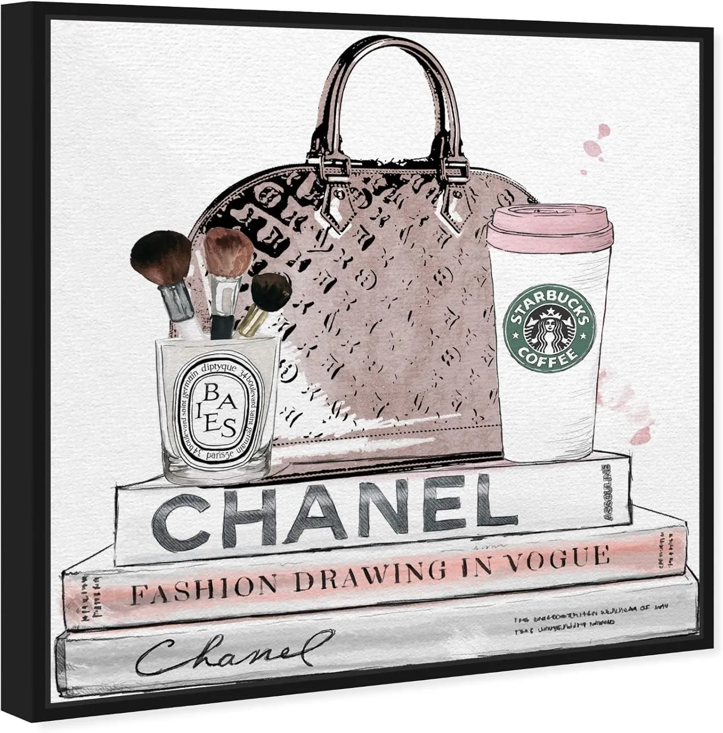 Fashion and Glam Framed Wall Art Canvas Prints 'Blush and Make Up Brush' Handbags