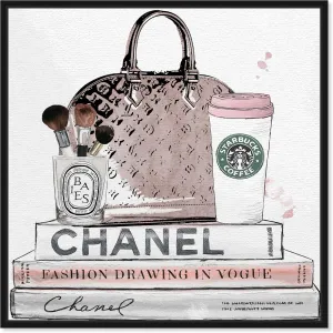 Fashion and Glam Framed Wall Art Canvas Prints 'Blush and Make Up Brush' Handbags