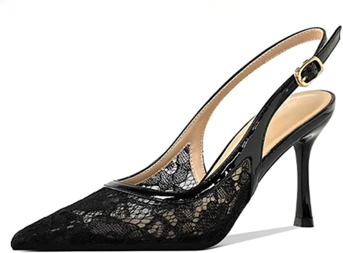 Fashion Lace Slingback Pumps Shoes for Women Pointed Toe Stiletto Heels
