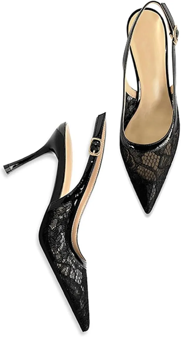 Fashion Lace Slingback Pumps Shoes for Women Pointed Toe Stiletto Heels
